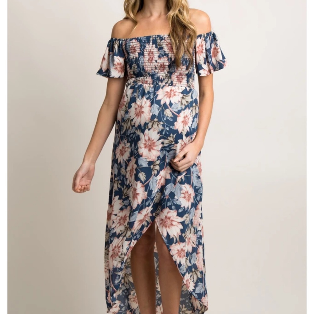 PinkBlush Blue Floral Off Shoulder Smocked Dress